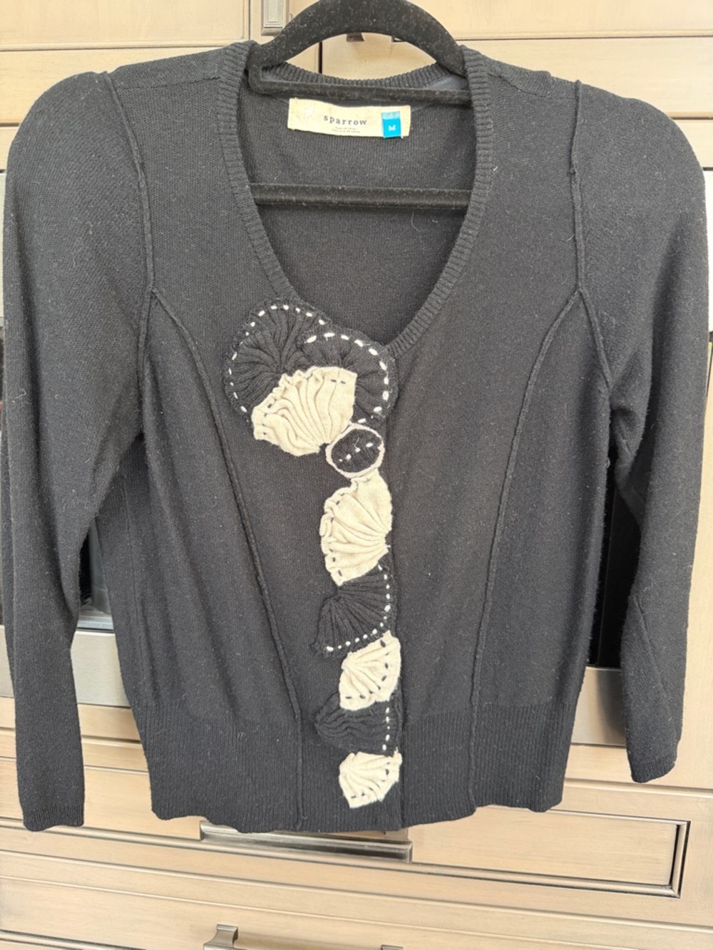 Anthropologie sparrow Black Sweater with Cream Floral Appliqués Sz M